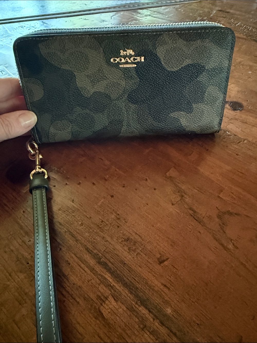 Coach Camouflage Zip-Around Wristlet Wallet in Olive and Black